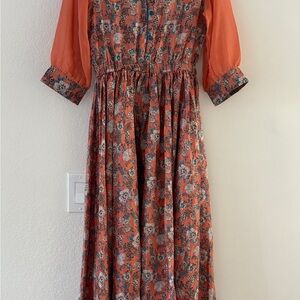 Orange Floral Pleated Sundress with 3/4 Bishop Sleeves